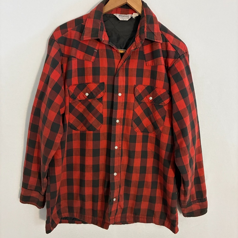 Vtg Five Brothers USA Flannel Shirt Shacket Mens M Buffalo Plaid Quilted READ